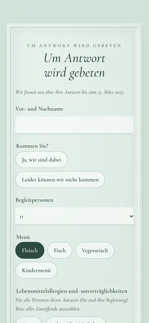 Zusage mit Menü und Allergien