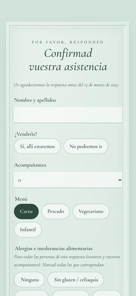 Confirmación con menú y alergias