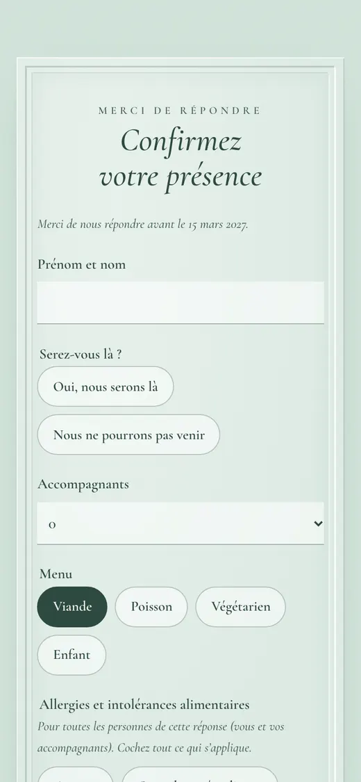 Réponse avec menu et allergies