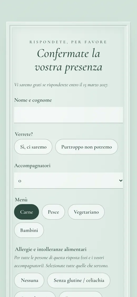 Conferma con menù e allergie