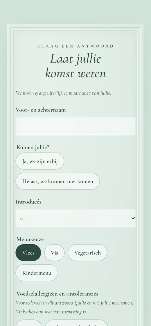 Reactie met menu en allergieën