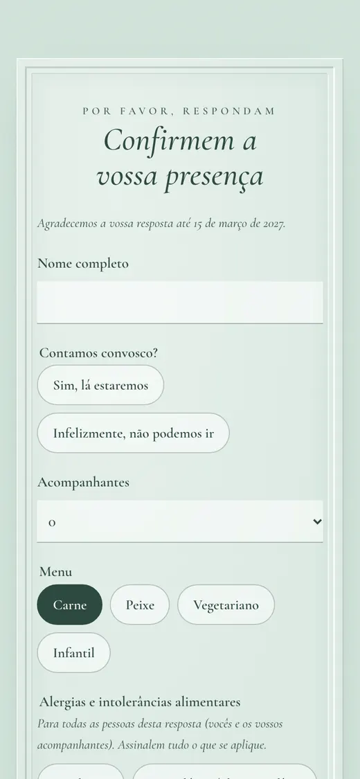 Confirmação com menu e alergias