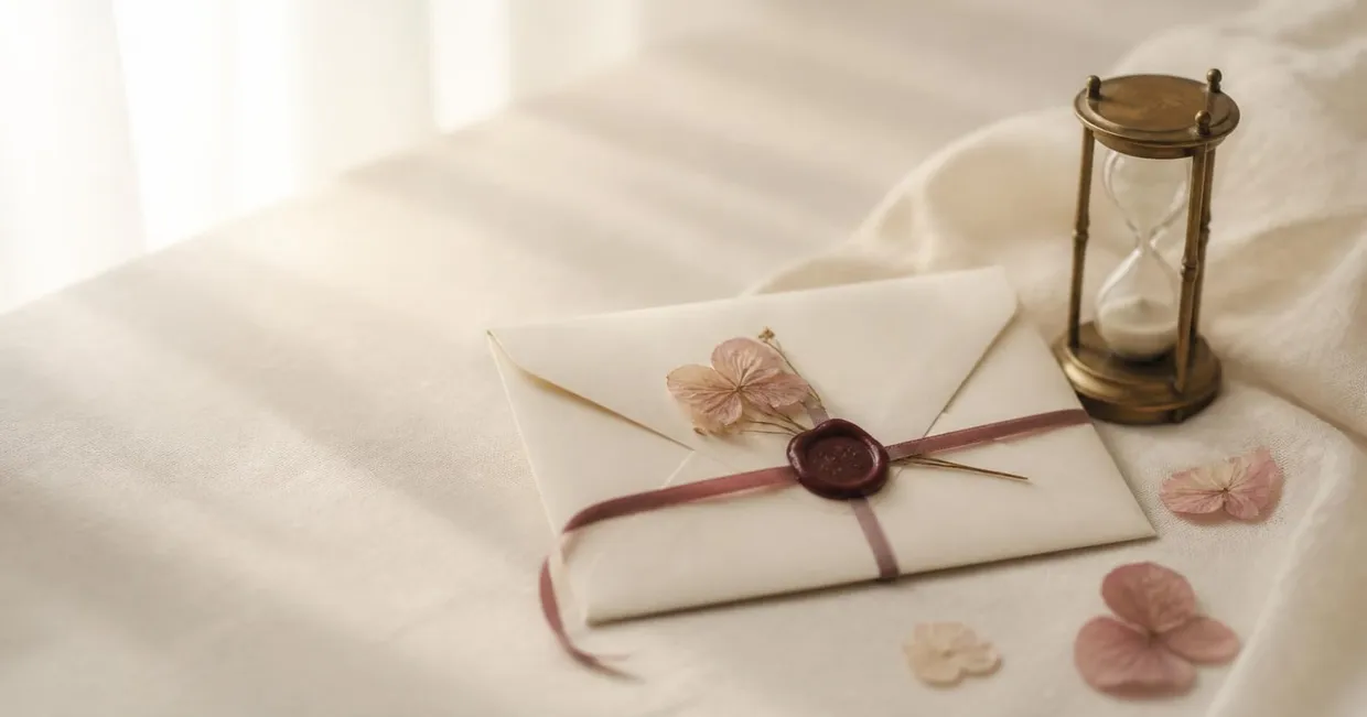 Sobre de papel de algodón cerrado con lacre burdeos y una flor prensada, junto a un reloj de arena de latón