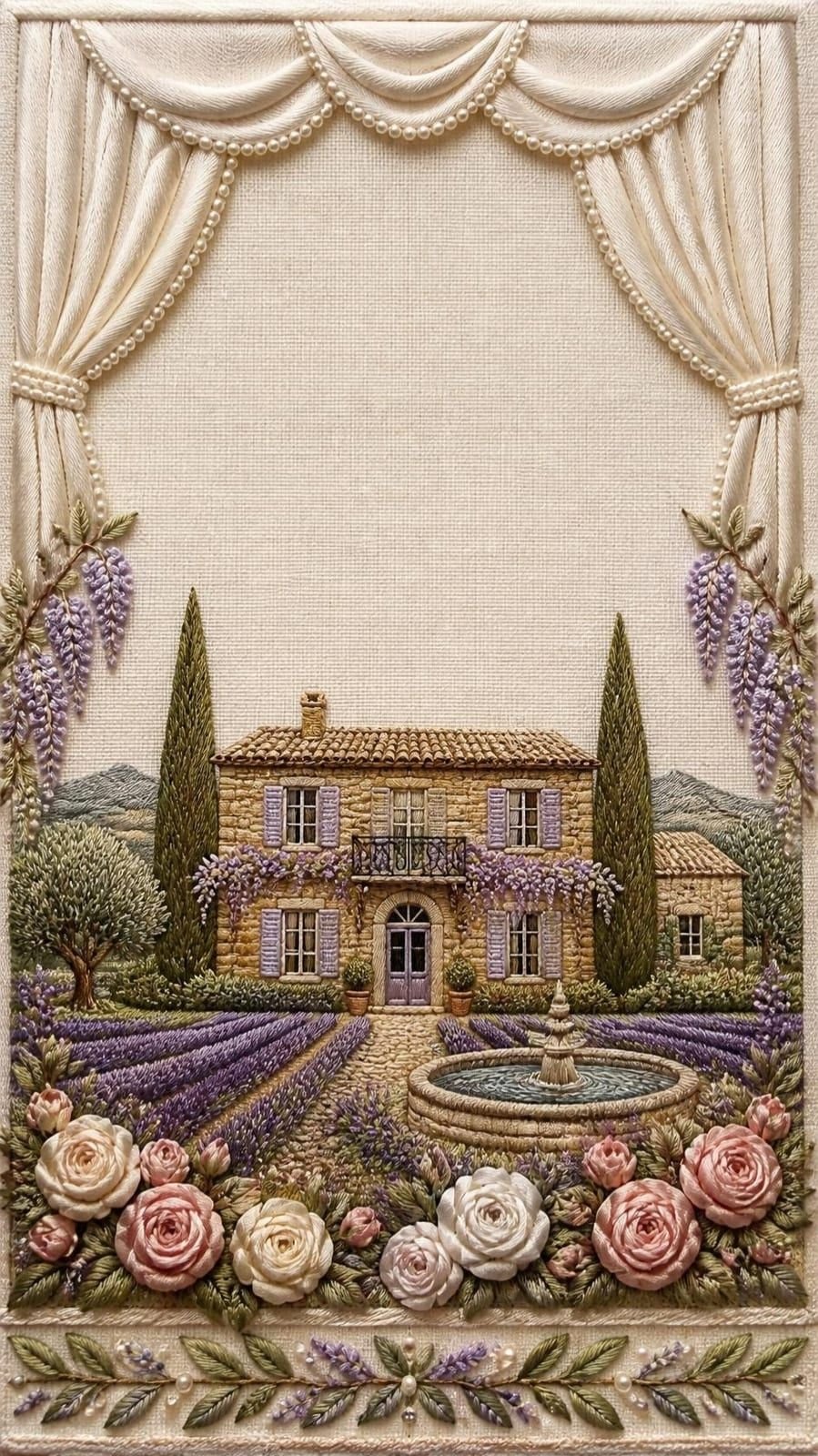 Ricamo in rilievo: tende di seta con perle, una bastide di pietra ocra con persiane color lavanda, glicine, cipressi, campi di lavanda, una fontana e rose