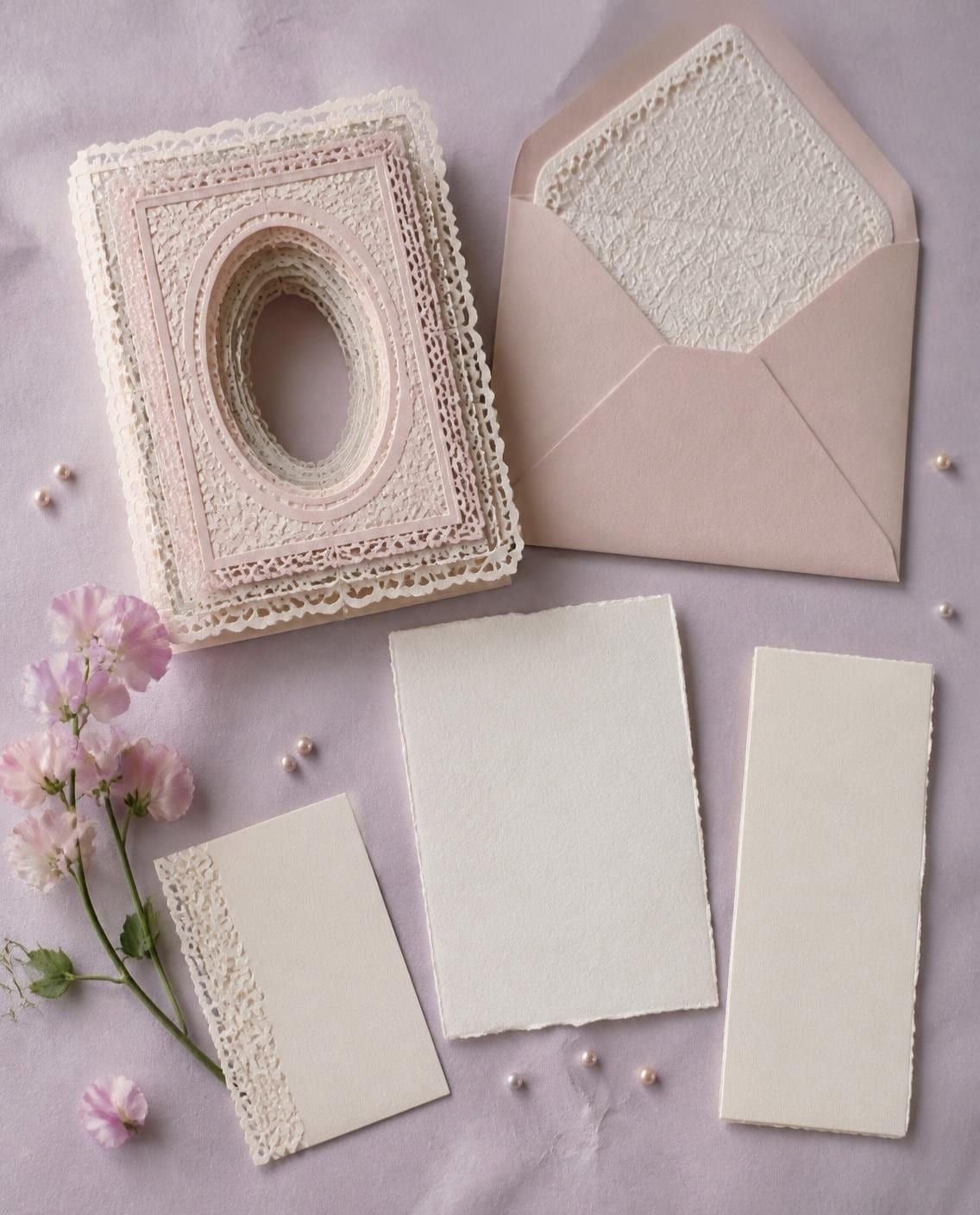 Papelería de boda vista desde arriba sobre papel lila: invitación en libro túnel, tarjeta de respuesta, minuta y sobre forrado de encaje