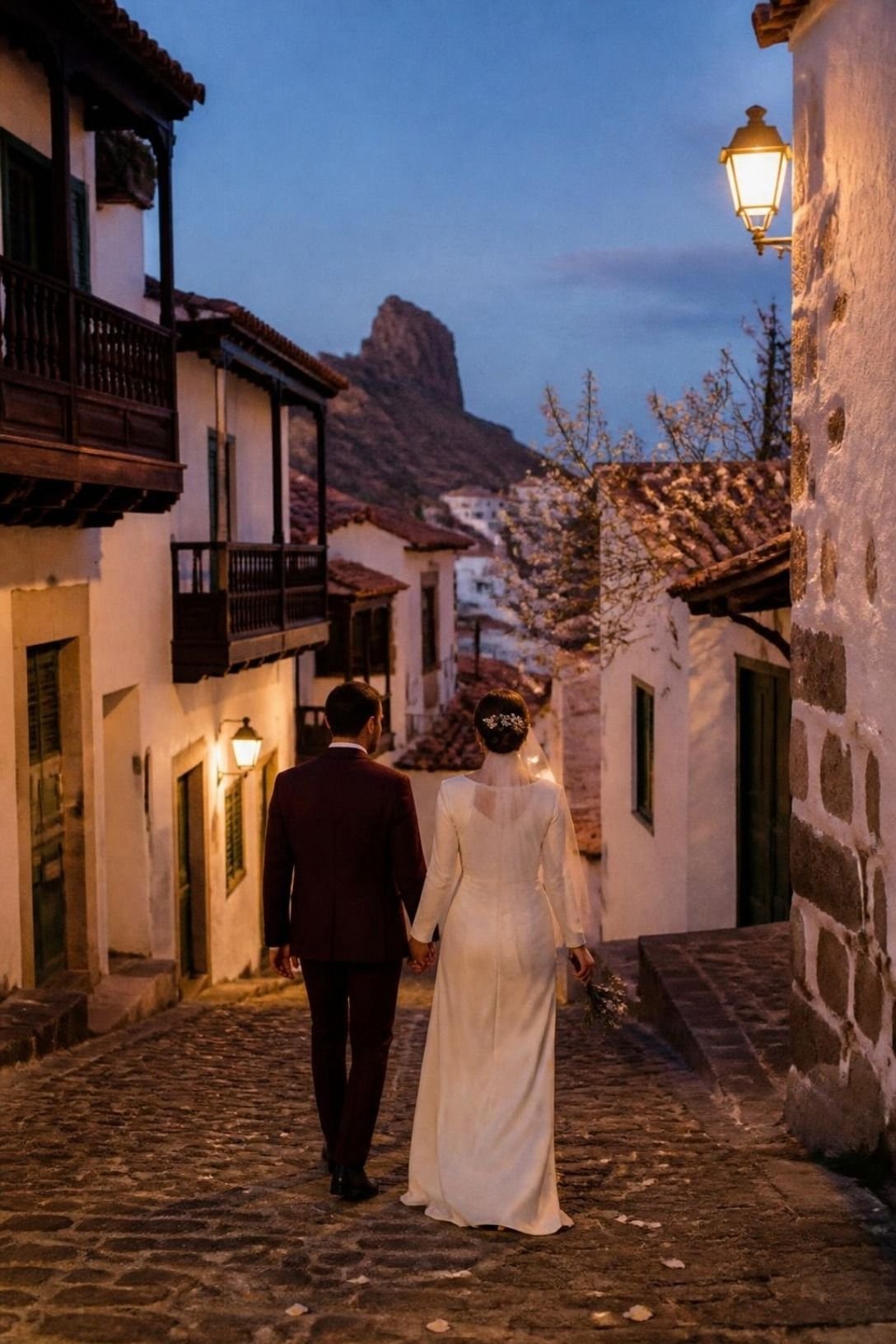 Beispielpaar in Hochzeitskleidung von hinten, in der Abenddämmerung auf einer gepflasterten Gasse mit weißen Häusern und Holzbalkonen.