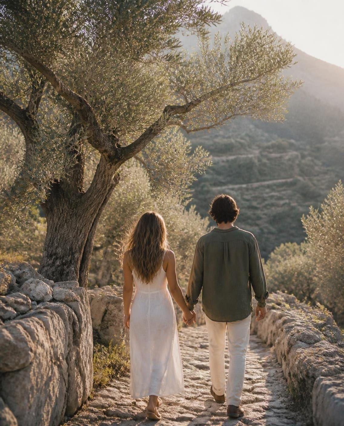 La pareja, de espaldas y de la mano, pasea por un camino de piedra seca entre olivos centenarios.