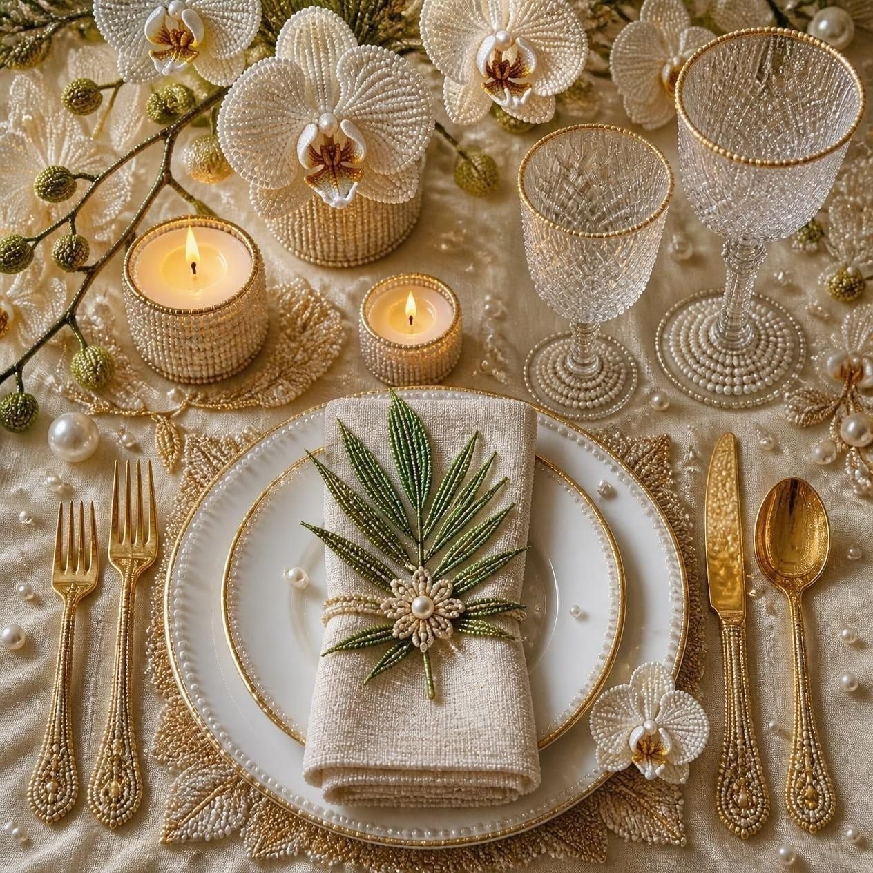 Mesa puesta bordada en perlas y cuentas: plato de borde dorado, servilleta con una hoja de palmera, copas de cristal tallado, velas y orquídeas blancas