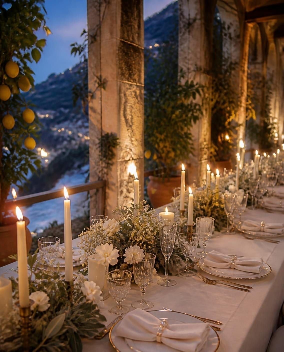 Longue table de banquet dans une ancienne limonaia à la tombée du jour, avec nappe de lin, gardénias, bougies allumées, porcelaine liserée d’or et citronniers entre des piliers de pierre
