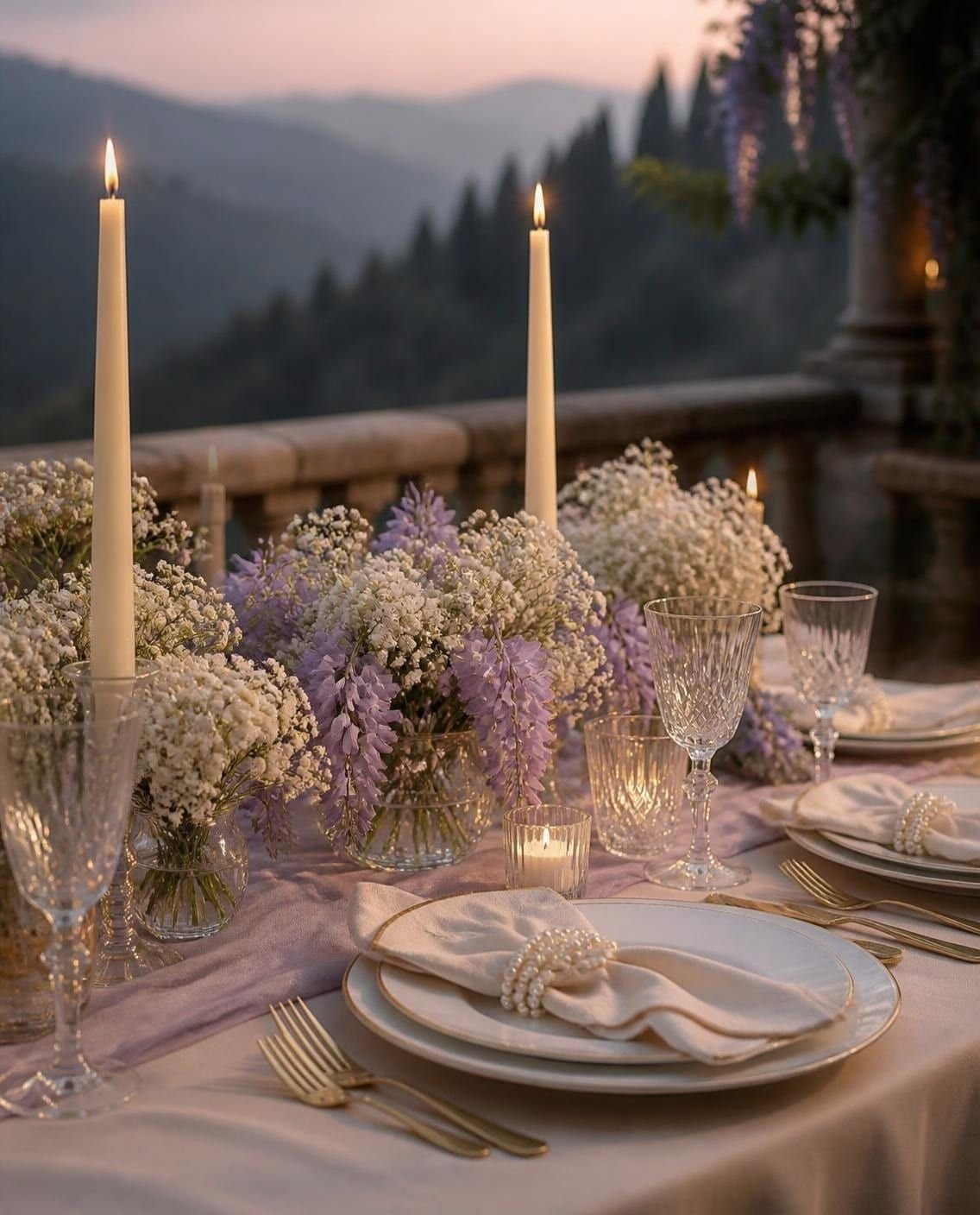 Tavola del banchetto con tovaglia di lino champagne, porcellana con il filo d’oro, tovaglioli legati con perle, gipsofila e candele al tramonto