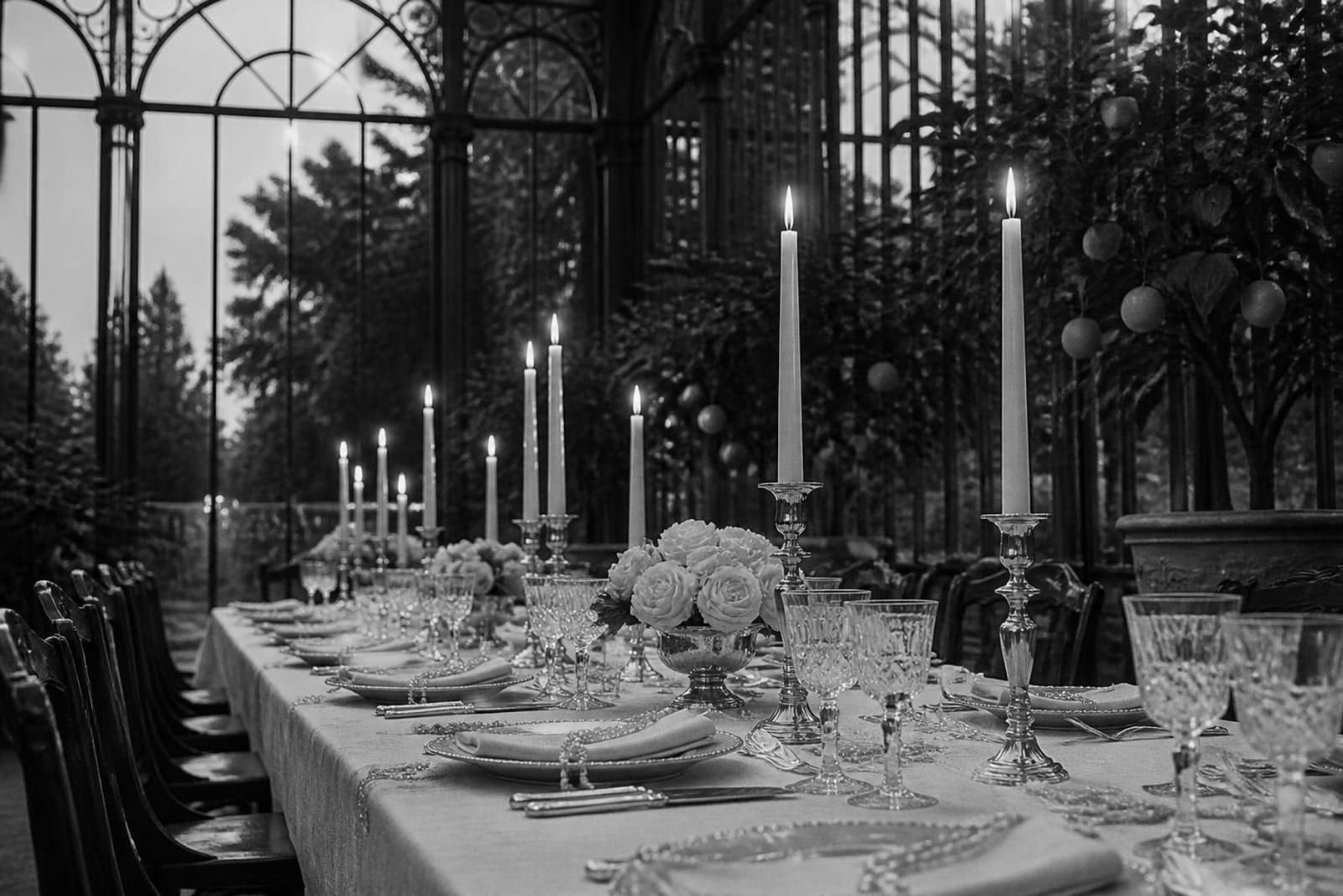 Mesa larga de banquete con mantel de lino, velas encendidas y cubiertos de plata, en blanco y negro