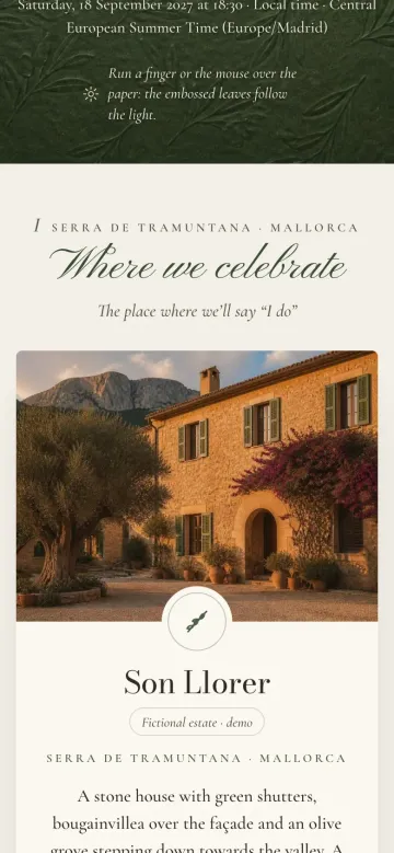 A Tramuntana wedding website screen on a phone: the venue section with a stone farmhouse in the Serra de Tramuntana