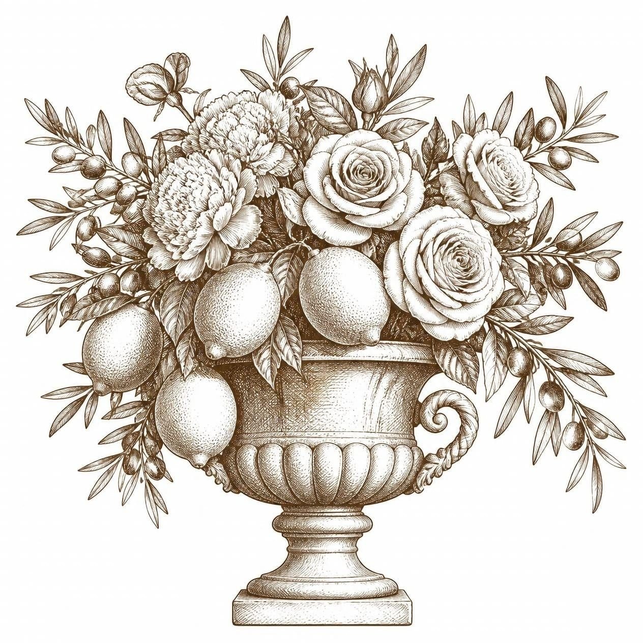 Stich in Sepiatusche: eine Steinvase mit Rosen, Pfingstrosen, Zitronen und Olivenzweigen