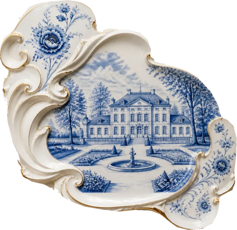 Placa de porcelana con el palacio de Valdeloro pintado en azul cobalto, entre jardines con fuentes