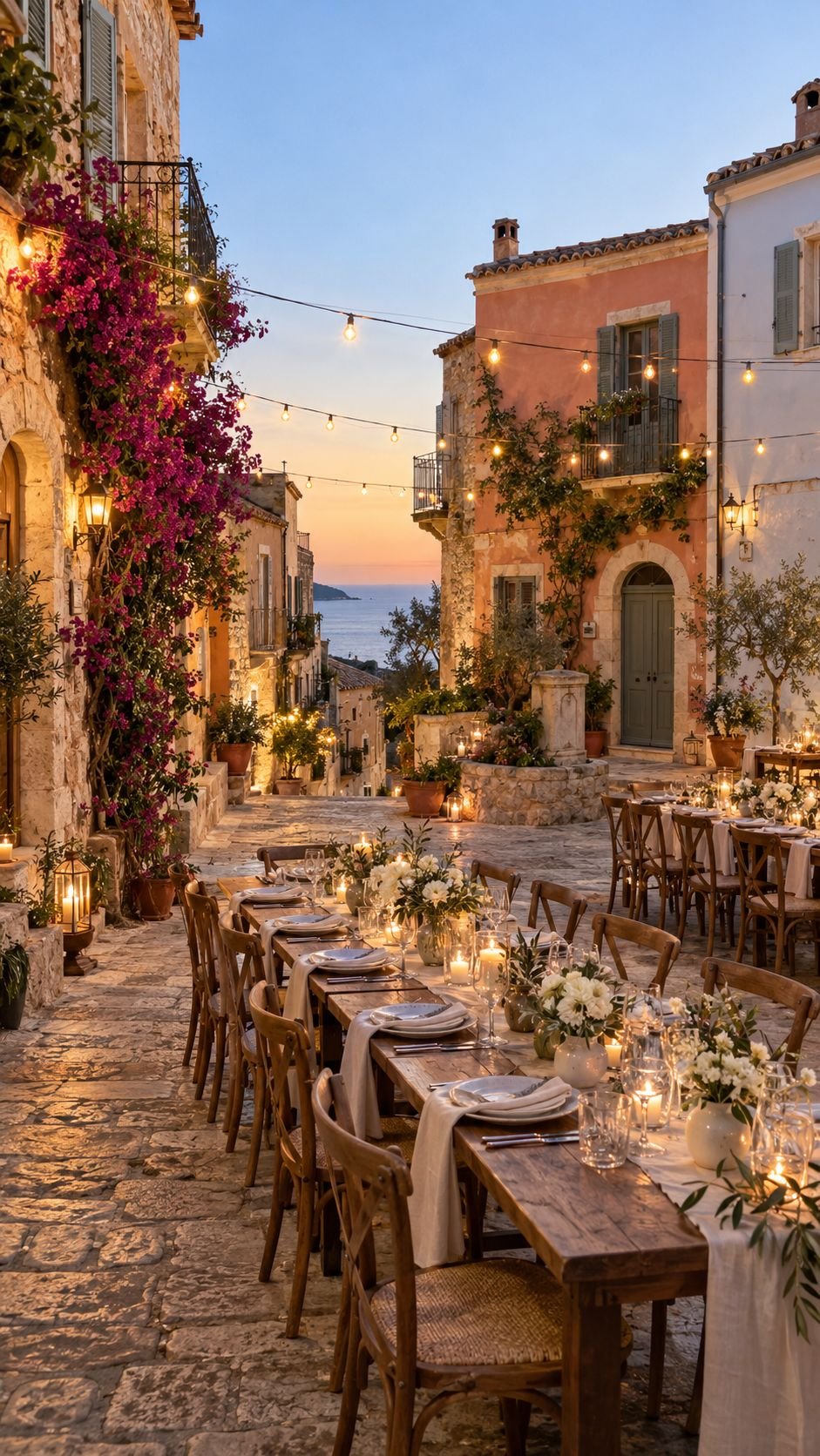 Lange Tafel mit weißen Tischdecken, Kerzen und Blumen in einer gepflasterten Gasse eines Mittelmeerdorfs, mit Bougainvillea und Lichterketten in der Abenddämmerung