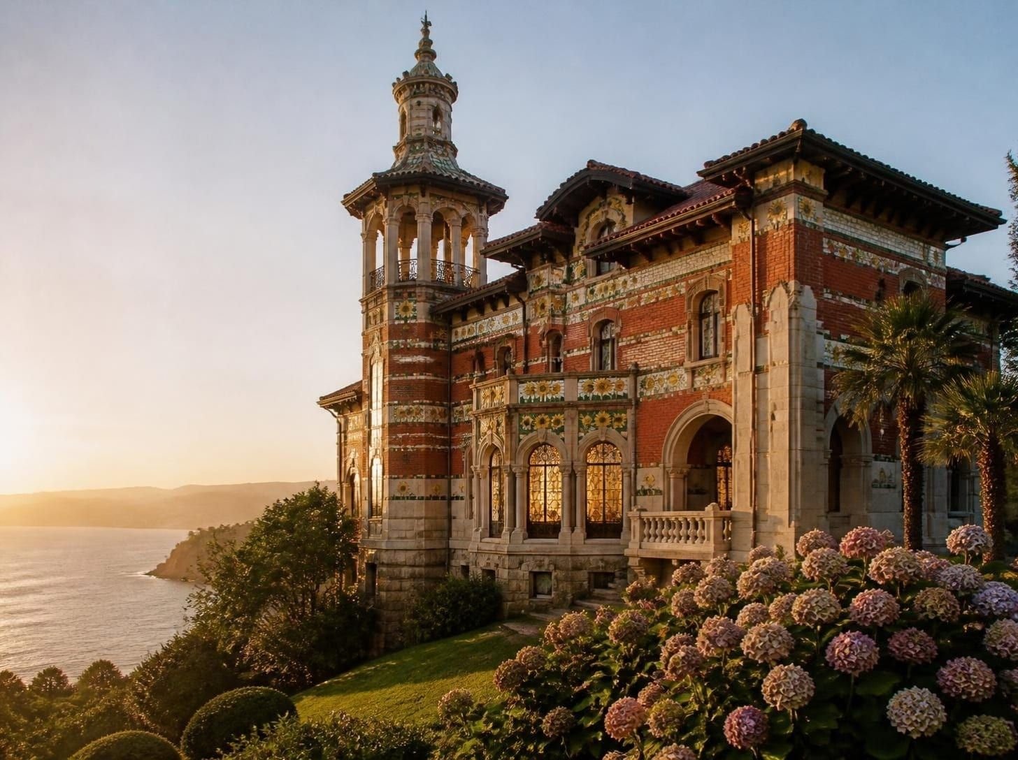 Palacete modernista de ladrillo rojo con azulejos de girasoles y una torre, sobre el mar Cantábrico al atardecer, con hortensias en primer plano