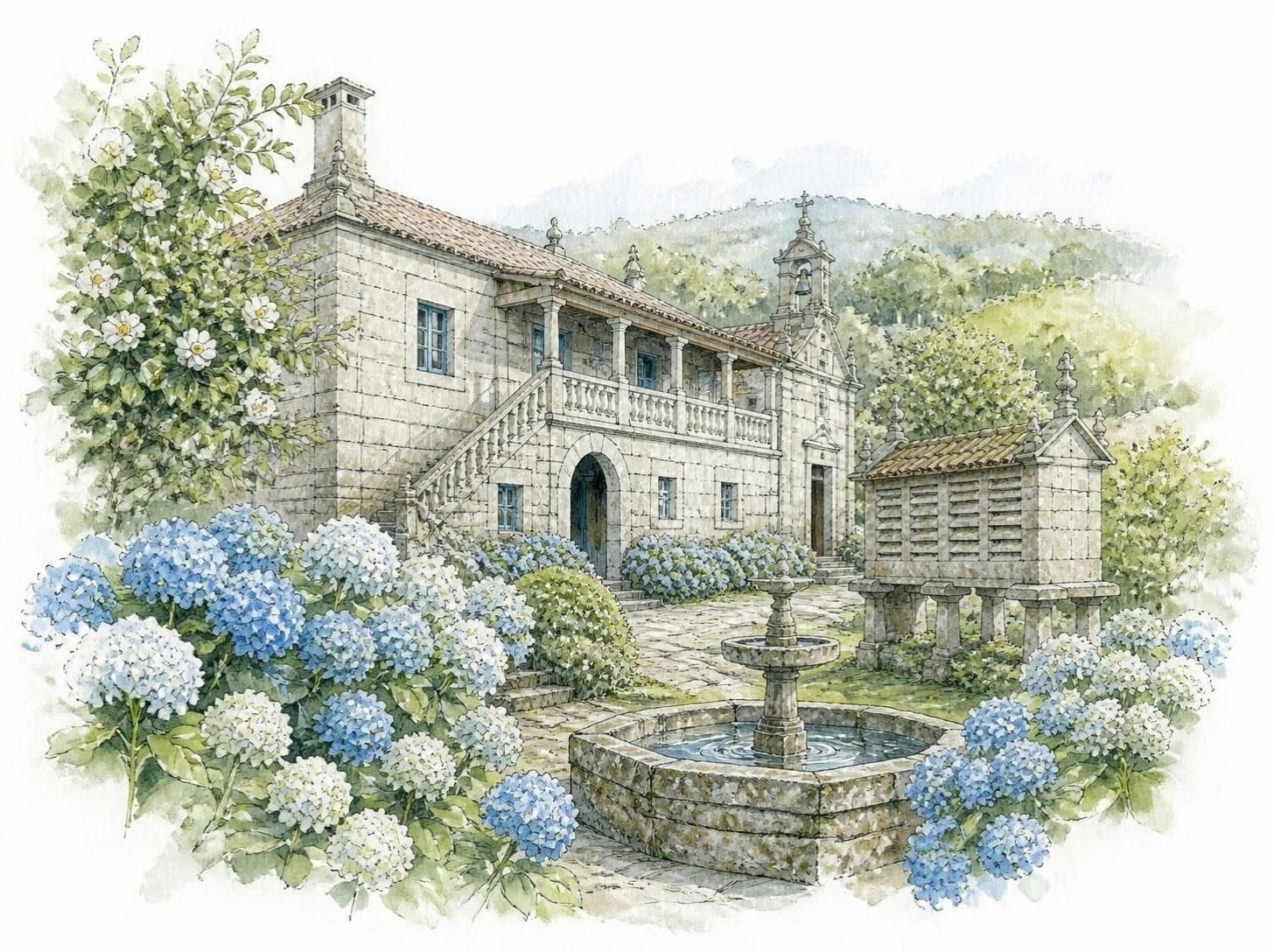 Acquerello di un pazo di granito con scalinata, cappella con campanile a vela, hórreo, fontana e ortensie blu