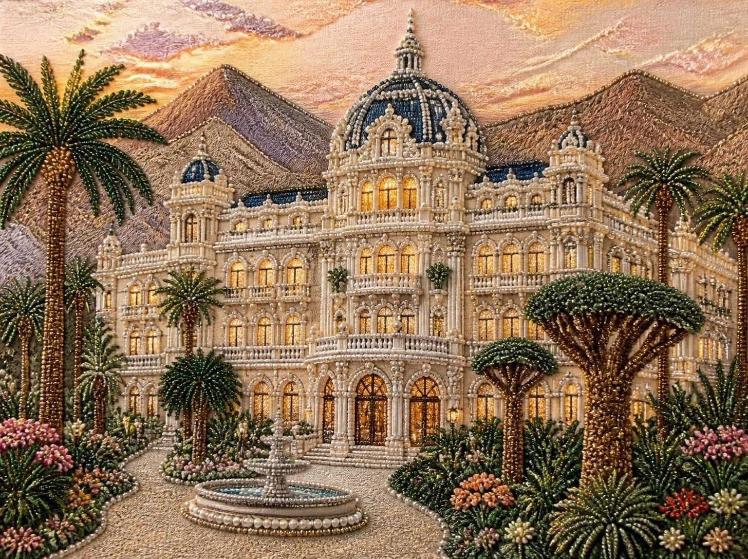 Fachada bordada en cuentas y perlas de un gran hotel Belle Époque con cúpulas azules y ventanas iluminadas, una fuente, palmeras y dragos en el jardín y montañas al atardecer