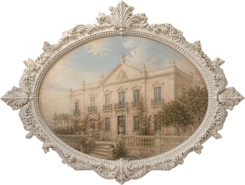Fresco en un marco oval de yeso con el Palacete Almagre, de fachada rosa y balcones de hierro, y su jardín de naranjos bajo un cielo de mañana