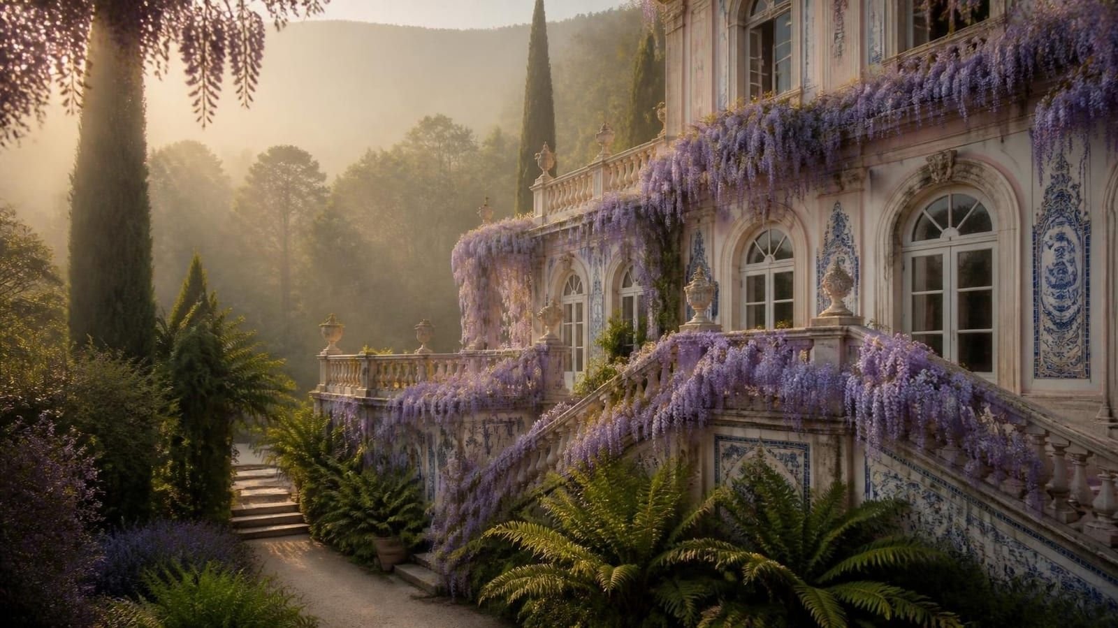 Quinta romantica con facciata avorio e rosa coperta di glicine lilla, terrazza in pietra e azulejos, tra la nebbia e il bosco della serra di Sintra