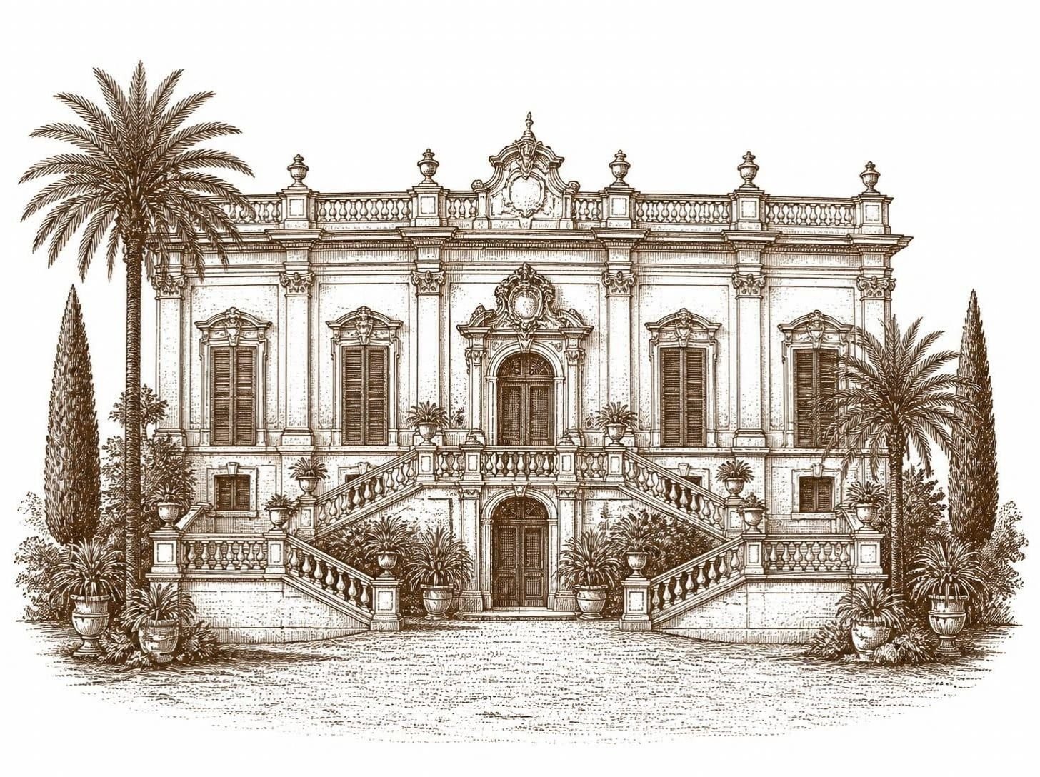 Stich in Sepiatusche: die Fassade einer Barockvilla mit doppelter Freitreppe, Vasen, Palmen und Zypressen