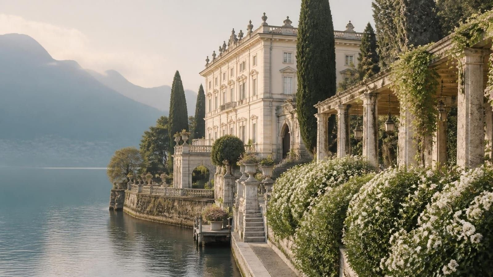 Villa néoclassique à la façade crème au bord d’un lac, avec une limonaia aux piliers de pierre, des cyprès, des haies de gardénias en fleur et un petit embarcadère, avec des montagnes bleutées au loin