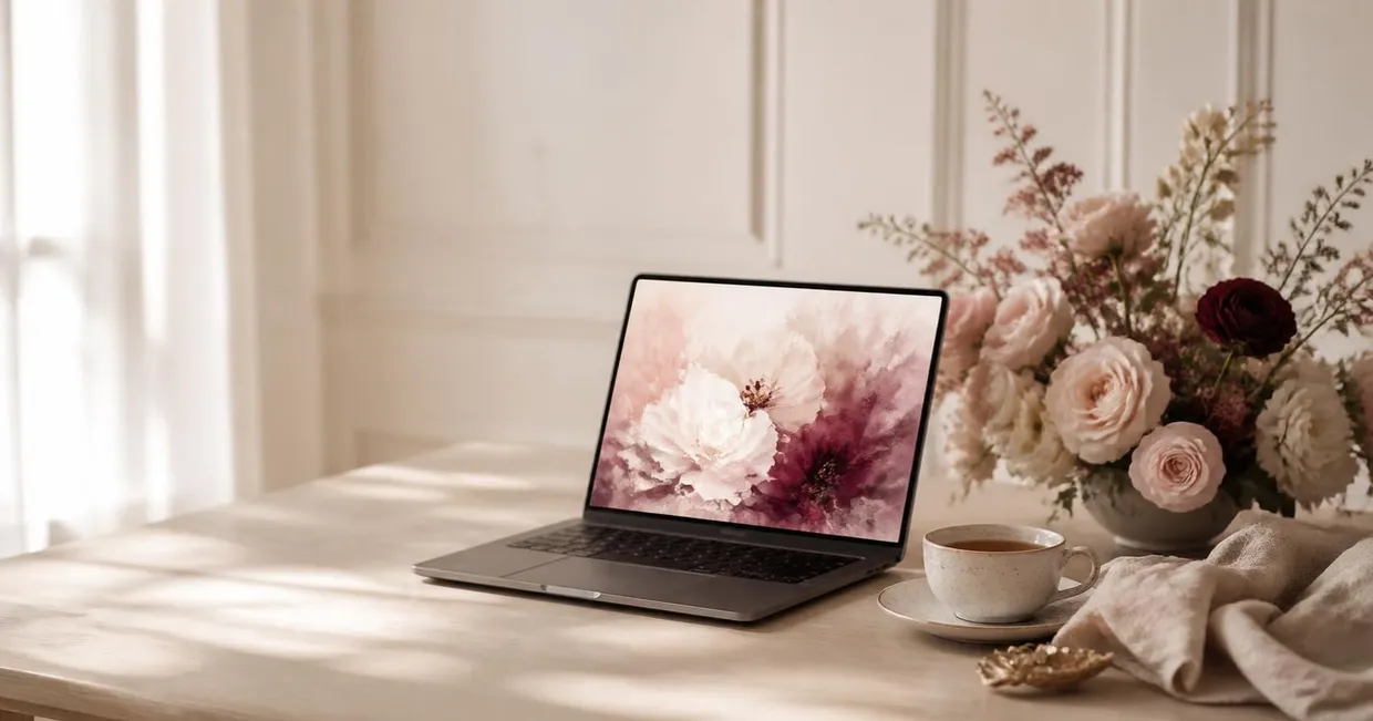 Portátil con una imagen floral en la pantalla sobre una mesa de roble, junto a un ramo de rosas y una taza de té